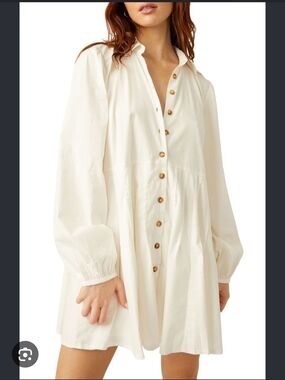 Free People Ivory Button-Front Long-Sleeve Smock Dress